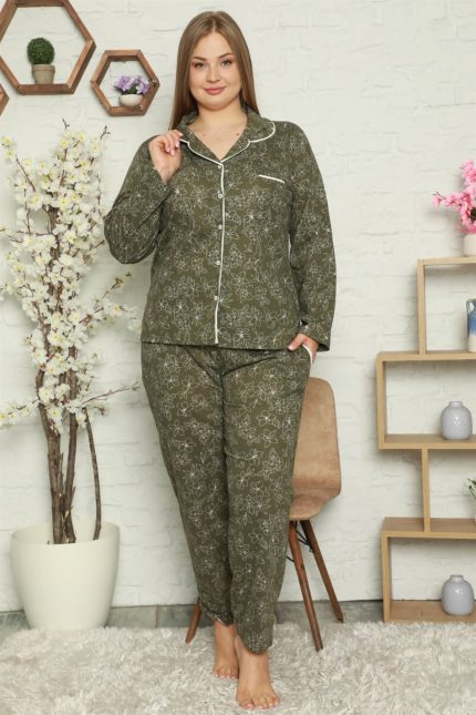Modelisse - Kadın Pamuklu Cepli Uzun Kol Büyük Beden Pijama Takım 202055