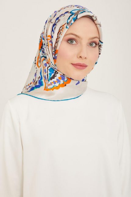 Armine Ekru-Mor Etnik Desen Sura İpek Eşarp 9130-60