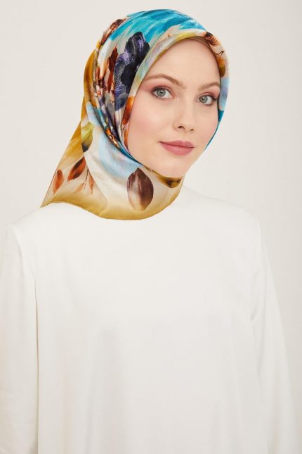 Armine Gold-Mavi Çiçek Desen Tivil İpek Eşarp 9133-02