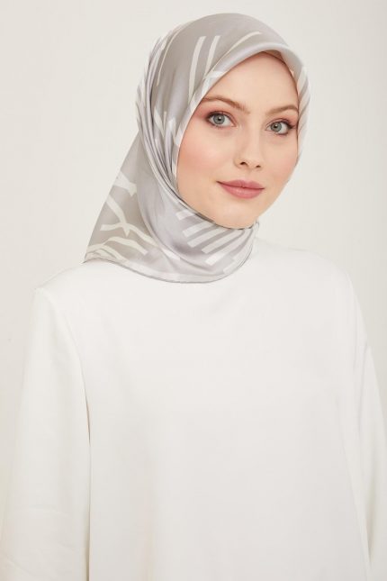 Armine Gri Çizgi Desen Tivil İpek Eşarp 9157-55