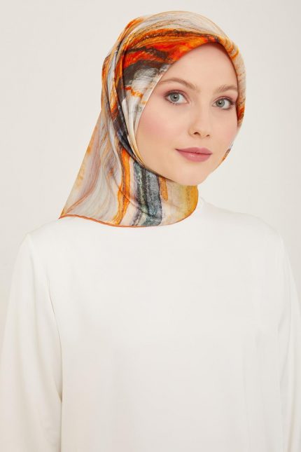 Armine Gri-Turuncu Batik Desen Tivil İpek Eşarp 9102-02