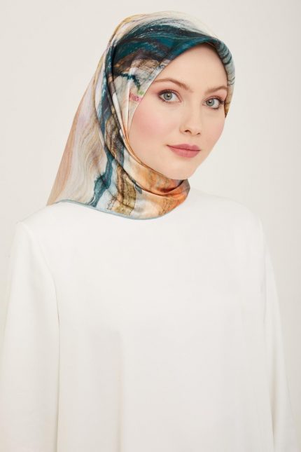 Armine Gül Kurusu-Yeşil Batik Desen Tivil İpek Eşarp 9102-34