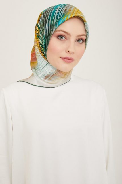 Armine Hardal-Zümrüt Yeşil Çizgili Desen Tivil İpek Eşarp 9143-83