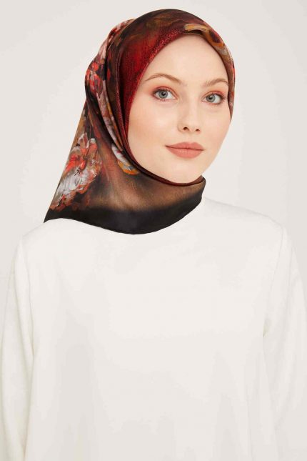 Armine Kırmızı Batik Çiçek Desenli Tivil İpek Eşarp 9025-05