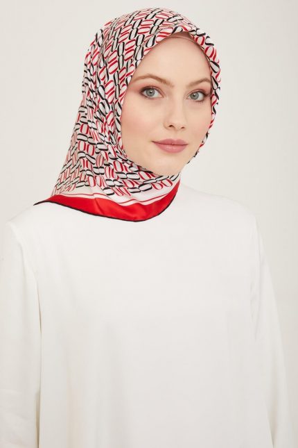 Armine Kırmızı Geometrik Desen Tivil İpek Eşarp 9149-31