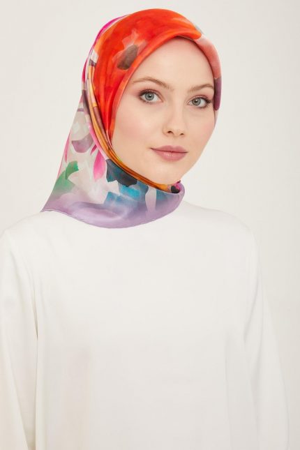 Armine Lila Batik Çiçek Desenli Sura İpek Eşarp 9103-51