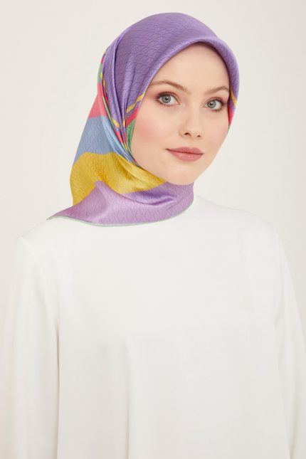 Armine Lila-Sarı Geçişli Monogram Desen Tivil İpek Eşarp 9111-82