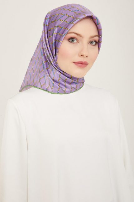Armine Lila-Soft Yeşil Dijital Örgü Desen Sura İpek Eşarp 9152-04