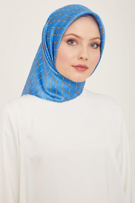 Armine Mavi-Beyaz Dijital Örgü Desen Sura İpek Eşarp 9152-87