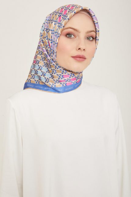 Armine Mavi-Lila Geometrik Desen Sura İpek Eşarp 9144-56