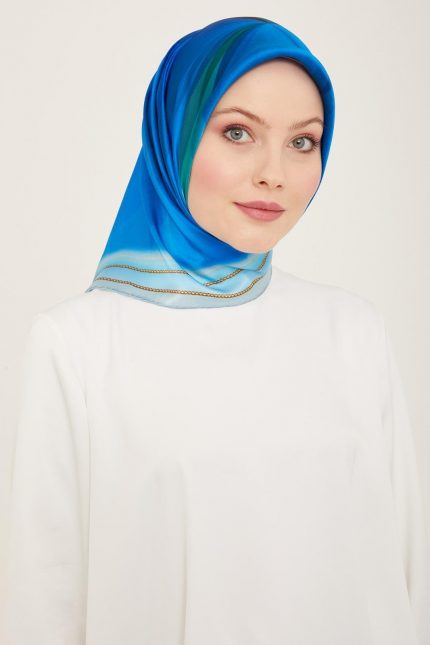 Armine Mavi-Yeşil Hologram Desen Tivil İpek Eşarp 9112-02