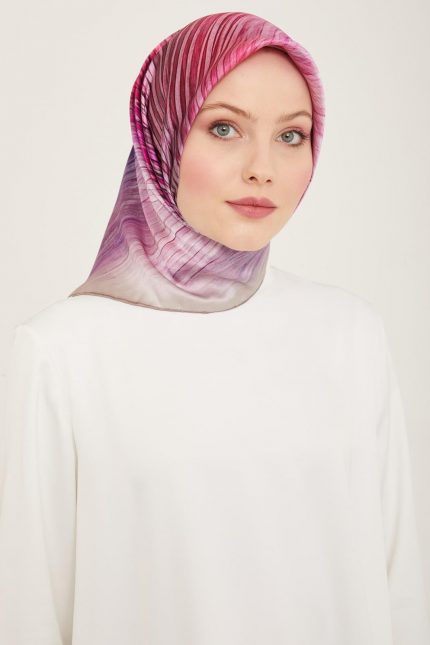 Armine Mor-Pembe Çizgili Desen Tivil İpek Eşarp 9143-34