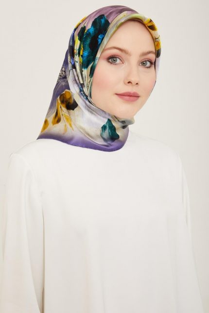 Armine Morcivert-Neon Sarı Çiçek Desen Tivil İpek Eşarp 9133-53