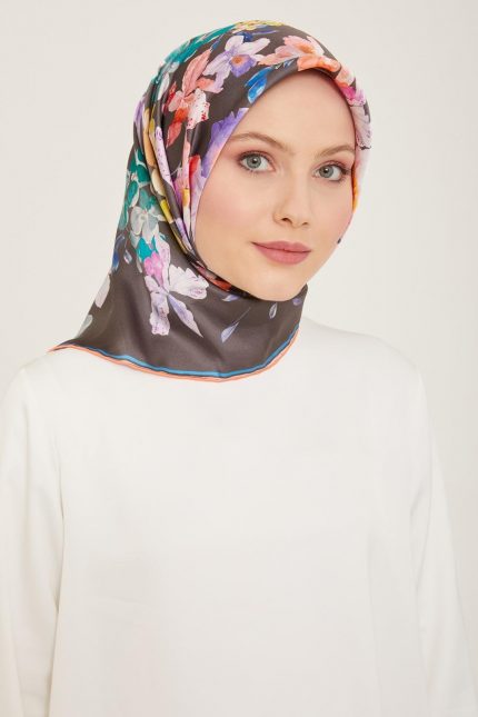 Armine Nar Çiçeği-Antrasit Gri Çiçek Desen Tivil İpek Eşarp 9127-51