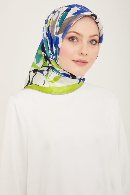 Armine Neon Yeşil-Lacivert Çiçek Desen Tivil İpek Eşarp 9153-81