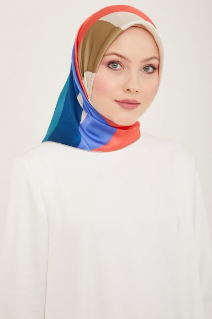Armine Pembe-Mavi Dalga Desen Tivil İpek Eşarp 9148-06