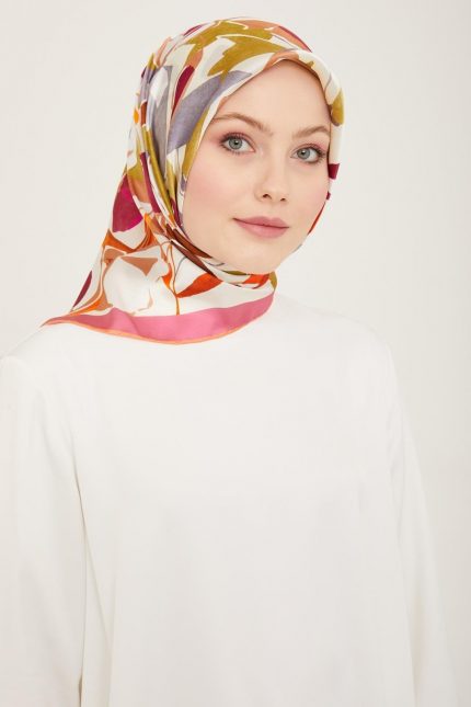 Armine Pembe-Turuncu Çiçek Desen Tivil İpek Eşarp 9153-52