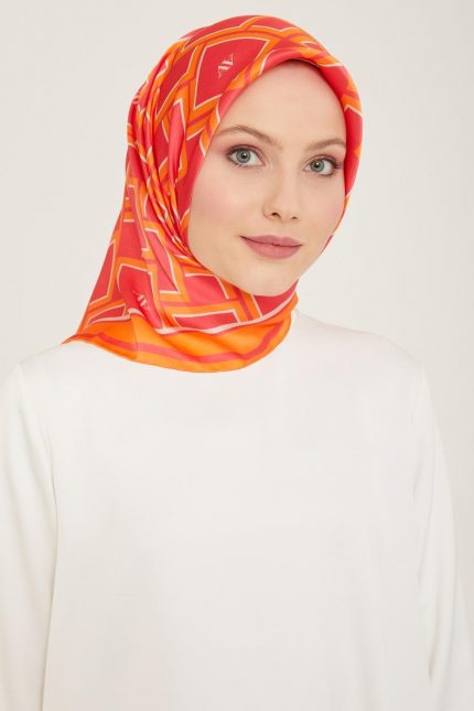 Armine Pembe-Turuncu Geometrik Desen Tivil İpek Eşarp 9132-85