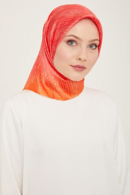 Armine Pembe-Turuncu Yazı Desen Sura İpek Eşarp 9142-81
