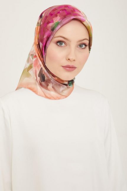 Armine Pudra Batik Çiçek Desenli Tivil İpek Eşarp 9103-34