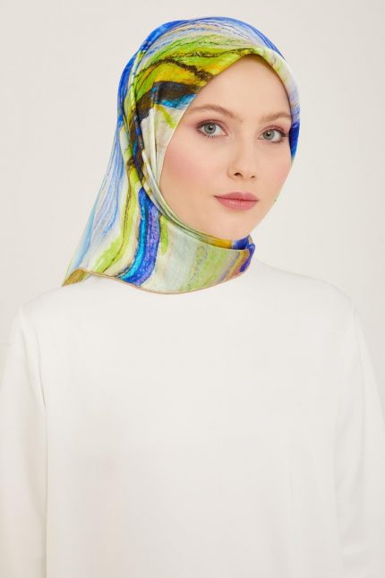 Armine Saks Mavi-Yeşil Batik Desen Sura İpek Eşarp 9102-83