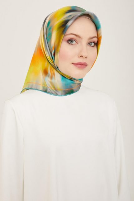 Armine Sarı Yeşil Batik Desen Sura İpek Eşarp 9136-82