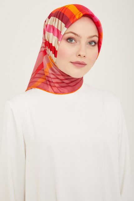Armine Şeker Pembe-Turuncu Çizgi Desen Sura İpek Eşarp 9107-50