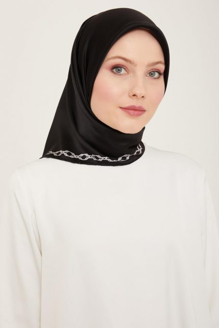 Armine Siyah-Beyaz Düz Renk Tivil İpek Eşarp 9154-01