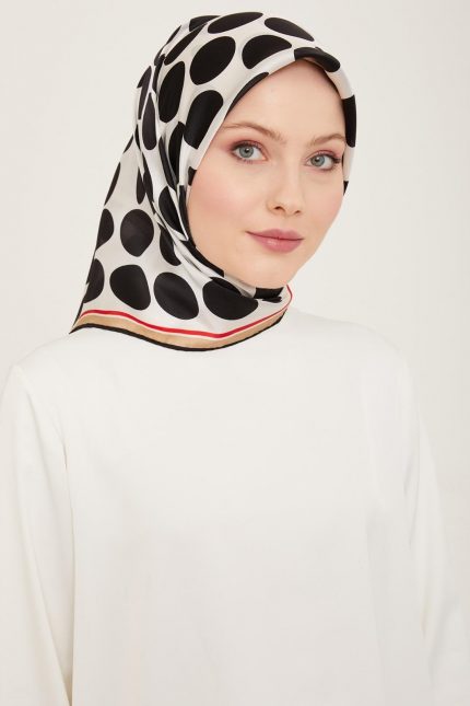 Armine Siyah-Beyaz Puantiye Desen Tivil İpek Eşarp 9156-82