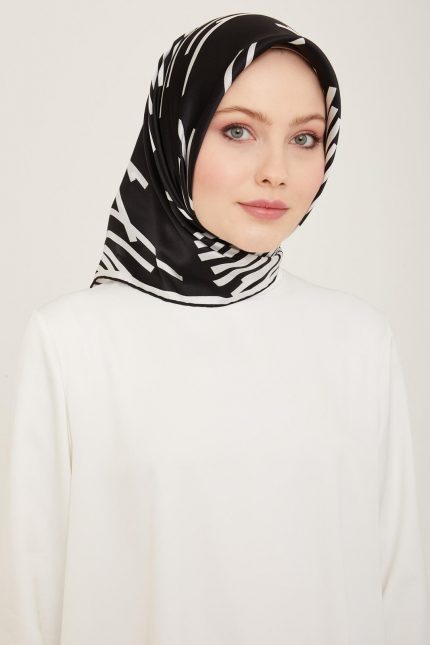 Armine Siyah Çizgi Desen Tivil İpek Eşarp 9157-50