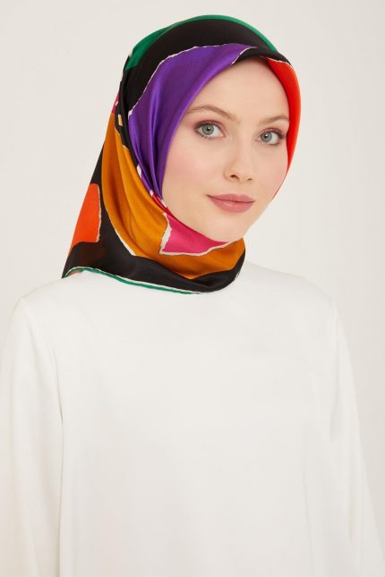 Armine Siyah Geometrik Desen Tivil İpek Eşarp 9125-06