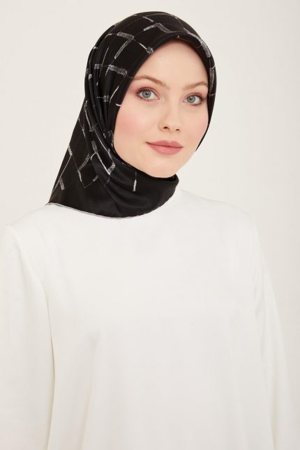 Armine Siyah Geometrik Desen Tivil İpek Eşarp 9162-33