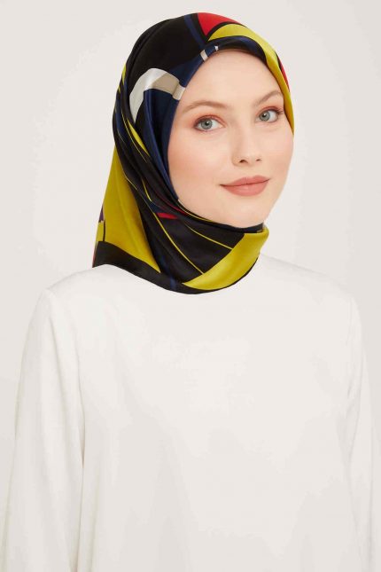 Armine Siyah Lacivert Geometrik Desenli Tivil İpek Eşarp 9050-37