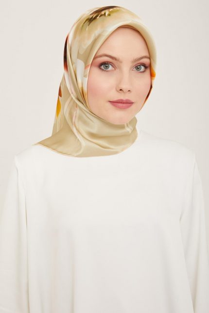 Armine Soft Yeşil Çiçek Desen Tivil İpek Eşarp 9105-50
