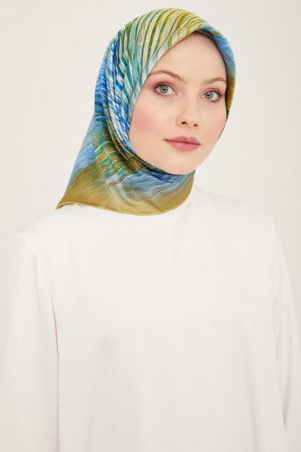 Armine Soft Yeşil-Mavi Çizgili Desen Tivil İpek Eşarp 9143-05