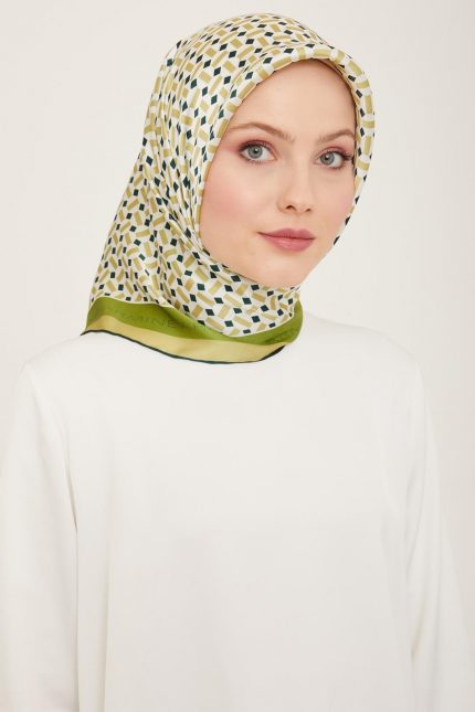 Armine Soft Yeşil-Zümrüt Yeşil Geometrik Desen Tivil İpek Eşarp 9151-50