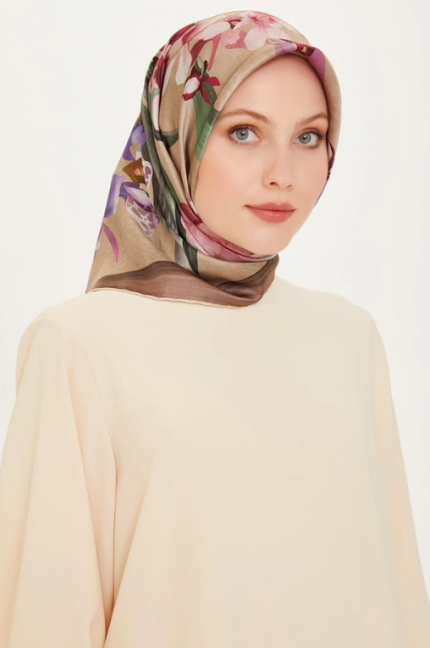 Armine Sura İpek Eşarp 9215-35 Kahverengi Karışık Desen