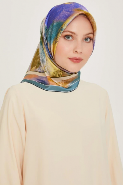 Armine Sura İpek Eşarp 9240-52 Mavi Karışık Desen