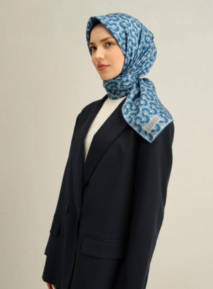 Armine Sura İpek Eşarp 9321-04 Mavi Karışık Desen