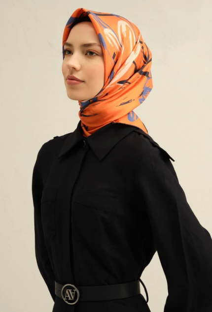 Armine Tivil İpek Eşarp 9322-38 Turuncu Karışık Desen