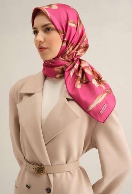 Armine Tivil İpek Eşarp 9324-55 Pembe Karışık Desen