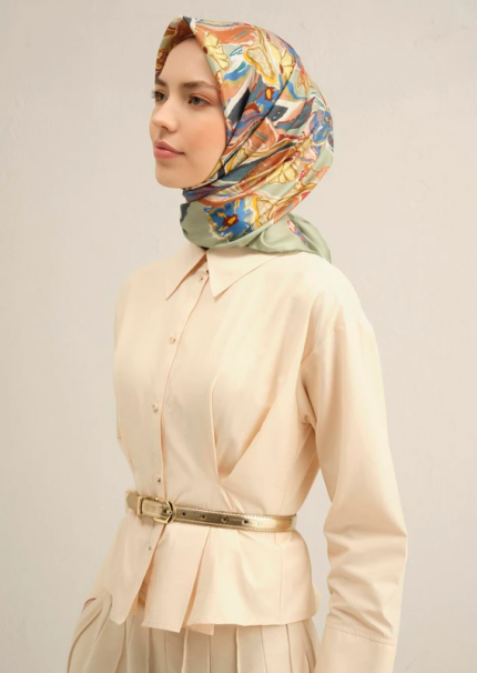 Armine Sura İpek Eşarp 9332-57 Yeşil Karışık Desen