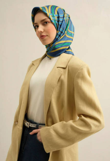 Armine Sura İpek Eşarp 9333-80 Mavi Karışık Desen