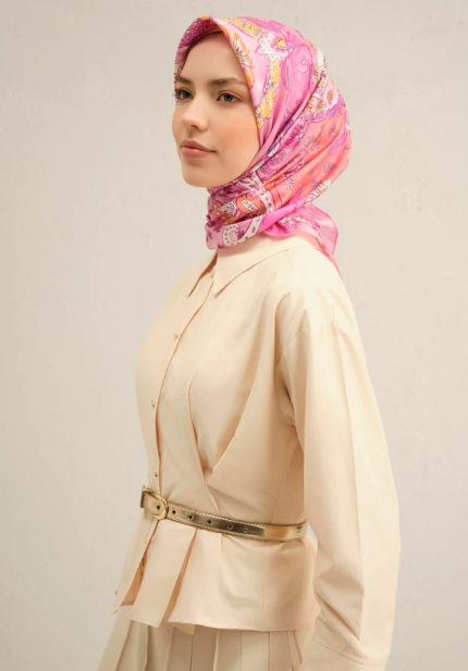 Armine Sura İpek Eşarp 9338-54 Pembe Karışık Desen