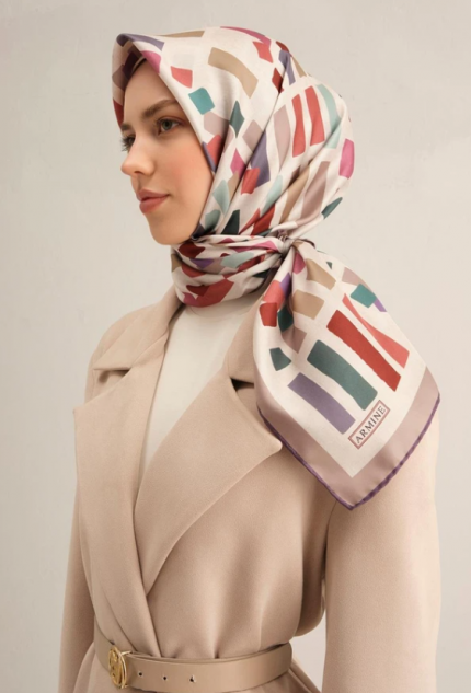 Armine Sura İpek Eşarp 9341-04 Krem Karışık Desen