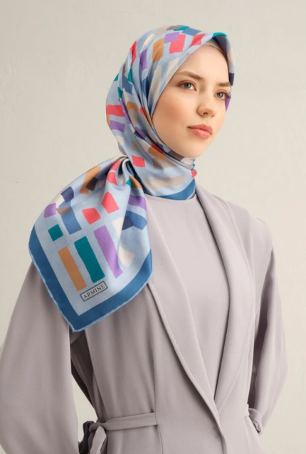Armine Tivil İpek Eşarp 9341-83 Mavi Karışık Desen