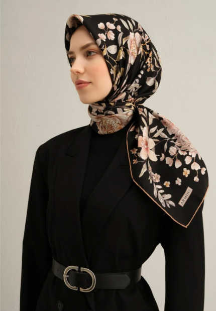 Armine Tivil İpek Eşarp 9347-04 Siyah Karışık Desen