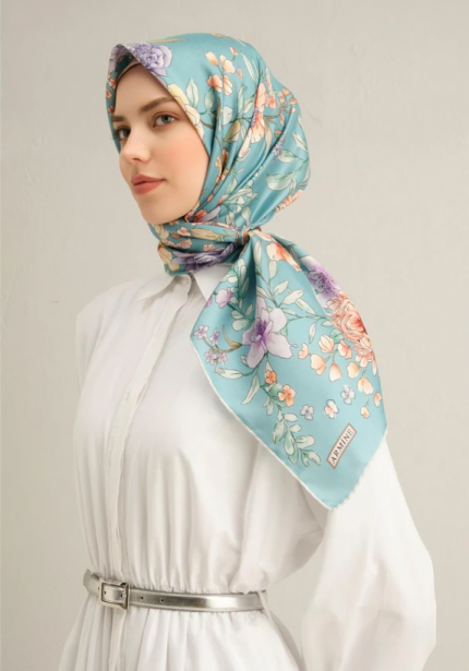 Armine Sura İpek Eşarp 9347-31 Mavi Karışık Desen