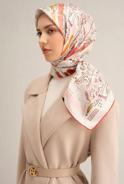 Armine Tivil İpek Eşarp 9349-32 Beyaz Karışık Desen