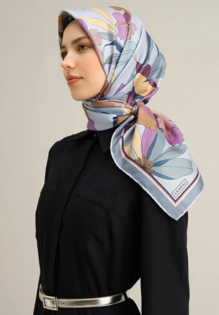 Armine Sura İpek Eşarp 9312-35 Mavi Karışık Desen